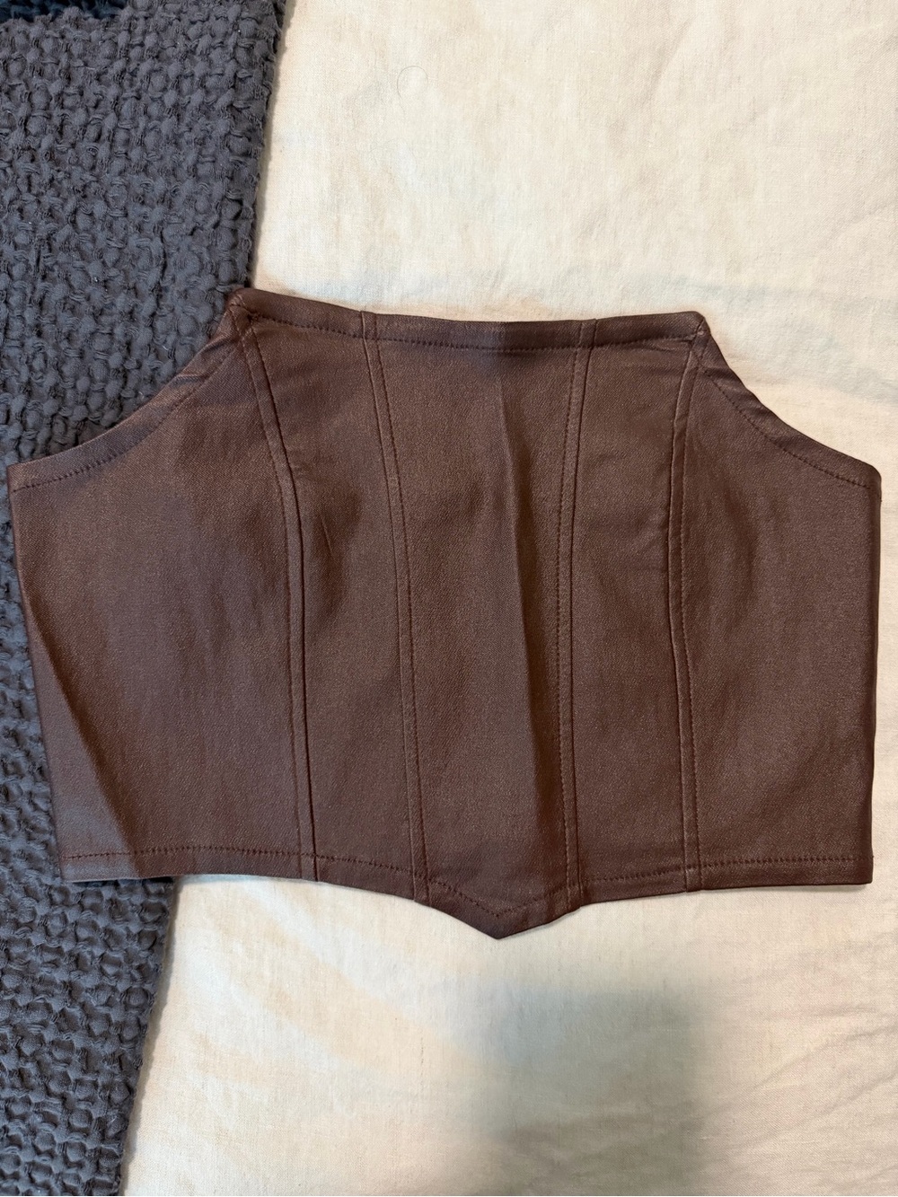 Brown strapless cropped corset top